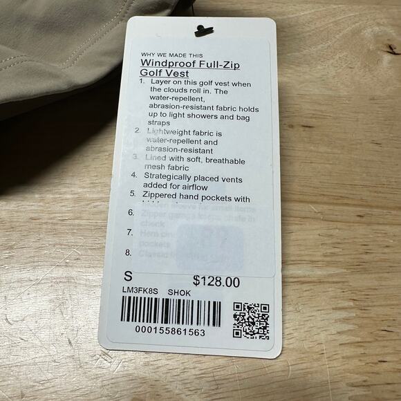 Lululemon Windproof Full Zip Golf Vest Khaki Men's Size Small New With Tags - Picture 5 of 8